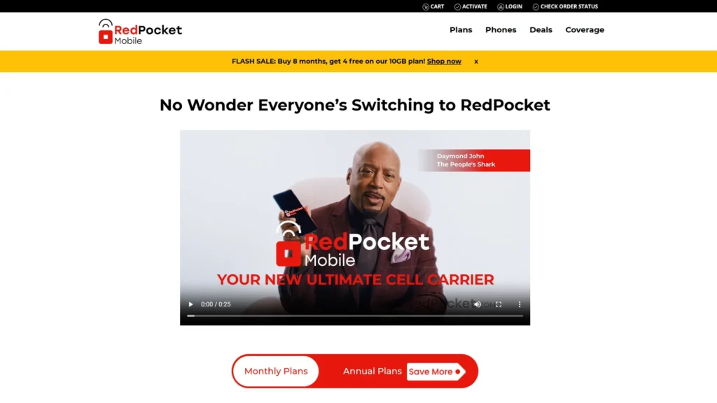 Screenshot of Red Pocket Mobile's website with Daymond John on it